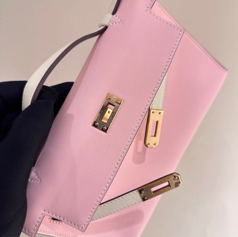 愛馬仕Hermes minikelly 一代 櫻花粉拼奶油白 玫瑰金扣 Swift皮-5