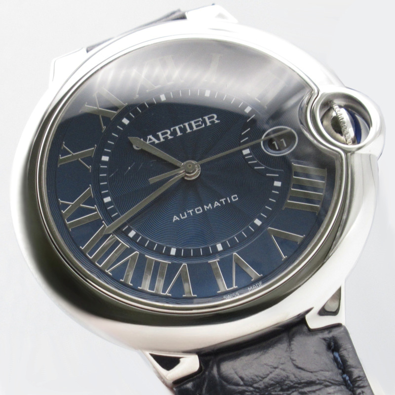 卡地亞 Ballon Bleu 男士腕錶，不鏽鋼和皮革錶帶，藍色，WSBB0025-2