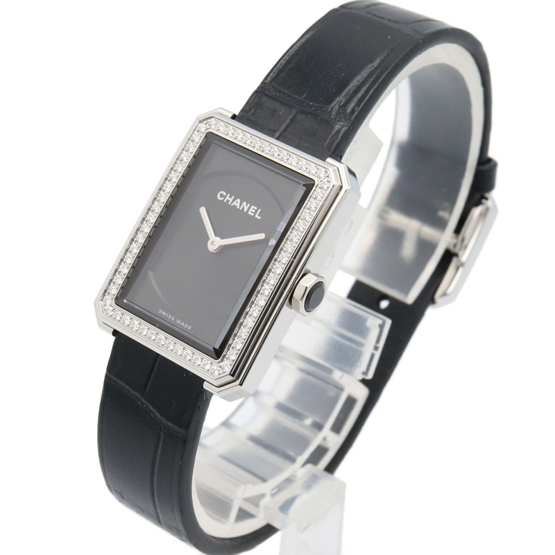 香奈兒男友腕錶，不鏽鋼鑲鑽錶殼，皮革錶帶，黑色，女士，H6586-1
