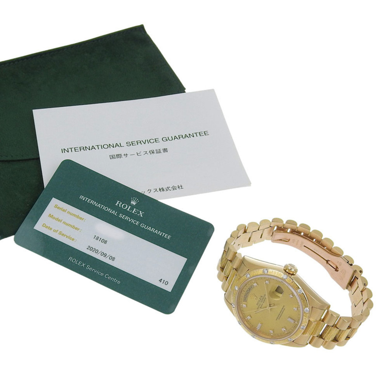 近乎全新勞力士星期日曆型腕錶 18108 9（約1986年）金錶盤，鑲鑽錶圈，18K黃金材質，重140.8克，自動上鍊-7