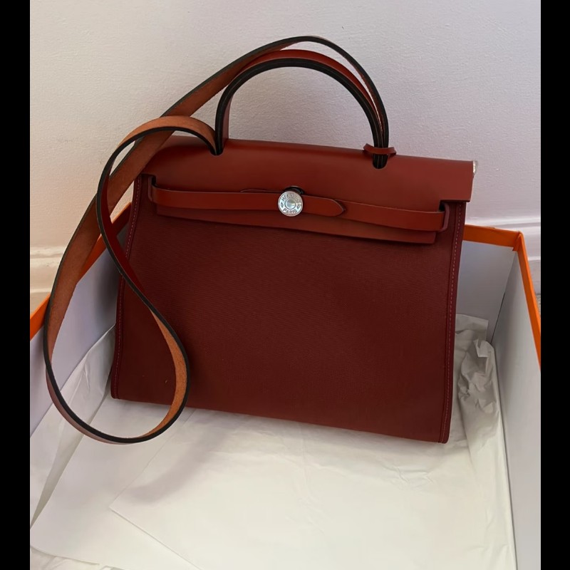 Hermes 愛馬仕 Herbag 31 愛馬仕紅 酒紅銀扣 手提 肩背  🈶子袋-0