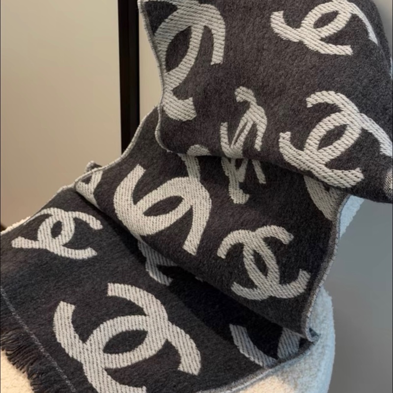 Chanel香奈兒26C最新高級灰色羊毛雙面圍巾-5