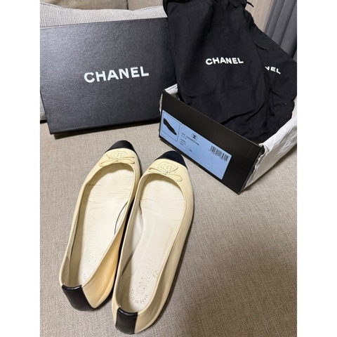 Chanel 95新 羊皮黑白平地鞋 37.5號