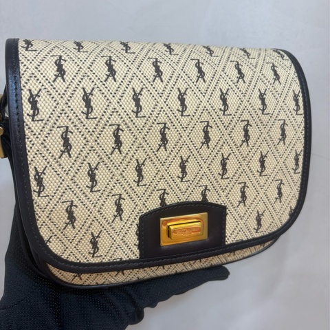 ysl 滿版logo 帆布拼皮革馬鞍包