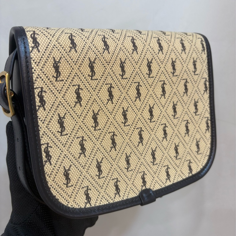 ysl 滿版logo 帆布拼皮革馬鞍包-3