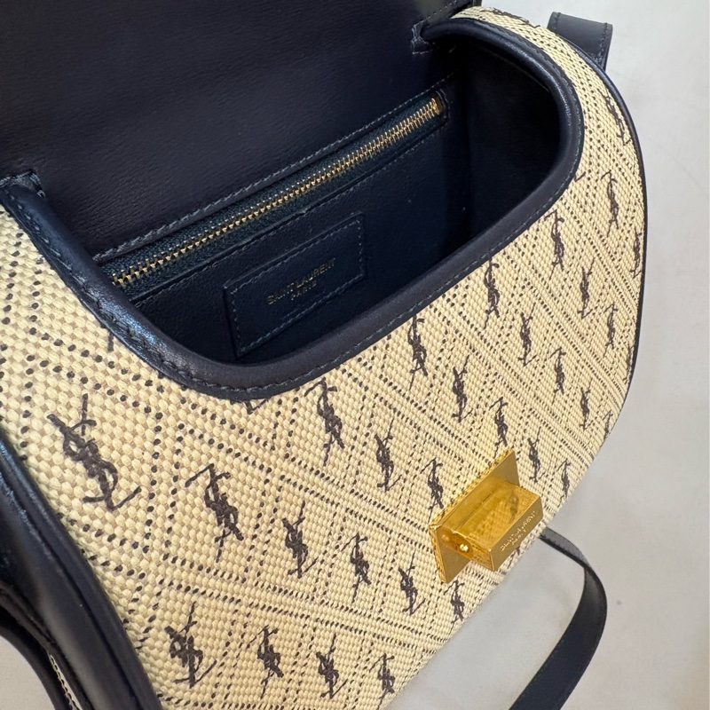 ysl 滿版logo 帆布拼皮革馬鞍包-5