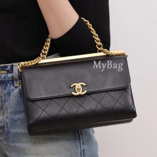 滿分氣質款🈶購證😍Chanel香奈兒孟買trendy cc黑金雙面郵差包手提單肩包-4