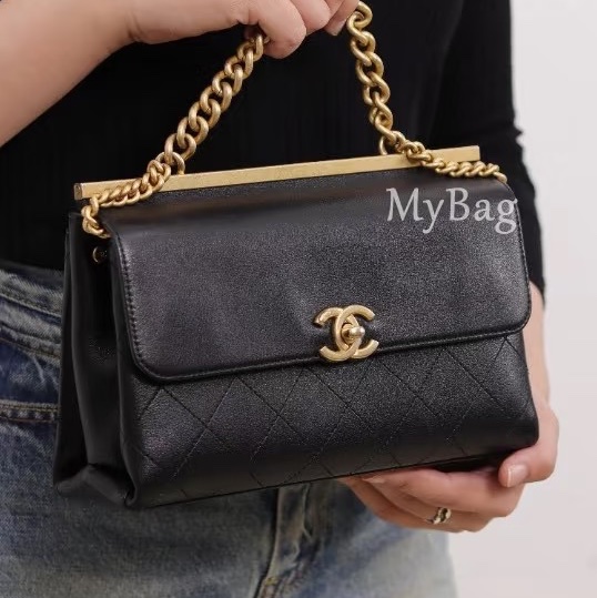 滿分氣質款🈶購證😍Chanel香奈兒孟買trendy cc黑金雙面郵差包手提單肩包-6