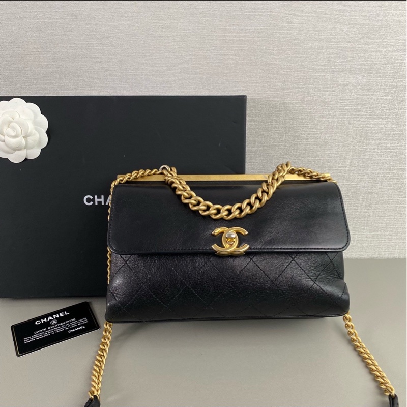 滿分氣質款🈶購證😍Chanel香奈兒孟買trendy cc黑金雙面郵差包手提單肩包-7