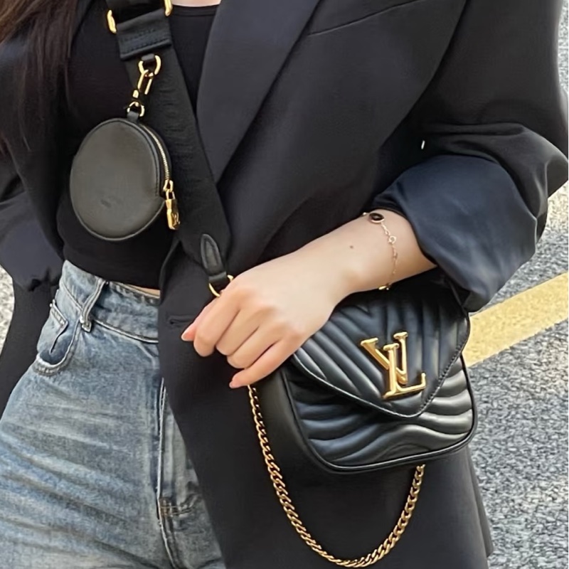 精選時髦款✨全配99新😍LvNewWave黑金牛皮三合一單肩斜挎包-2