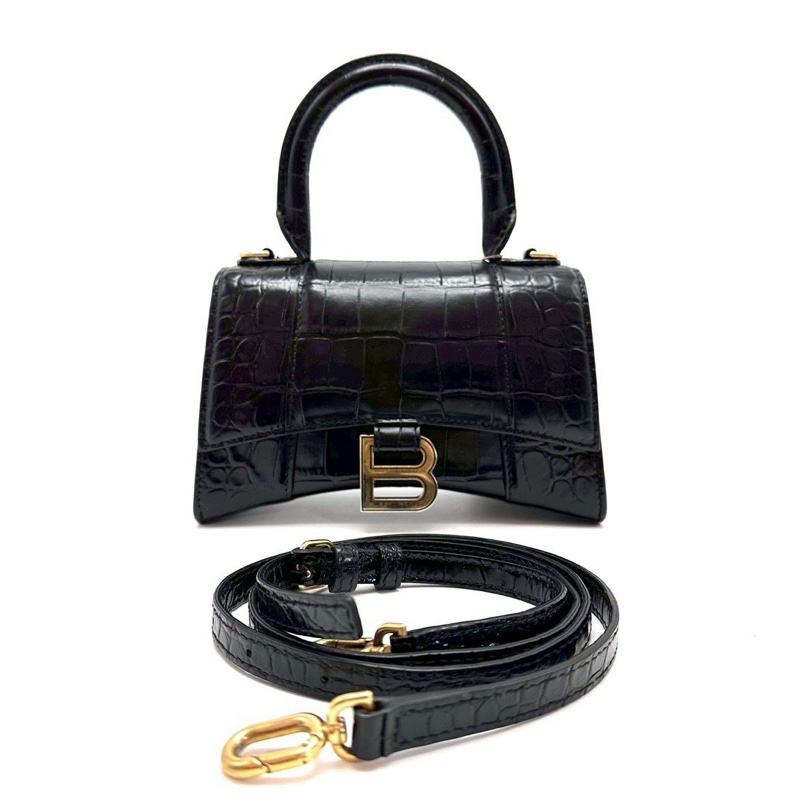 俐落必收款✨99新🈶購證😍BalenciagaXS黑金鱷魚壓紋沙漏包手提包-7