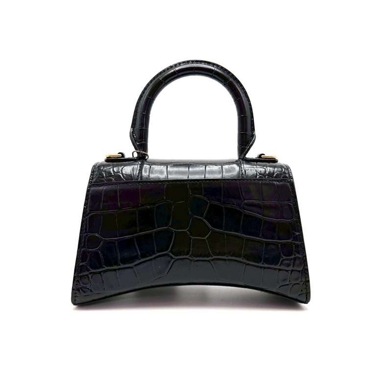 俐落必收款✨99新🈶購證😍BalenciagaXS黑金鱷魚壓紋沙漏包手提包-8