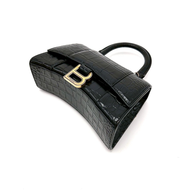 俐落必收款✨99新🈶購證😍BalenciagaXS黑金鱷魚壓紋沙漏包手提包-10