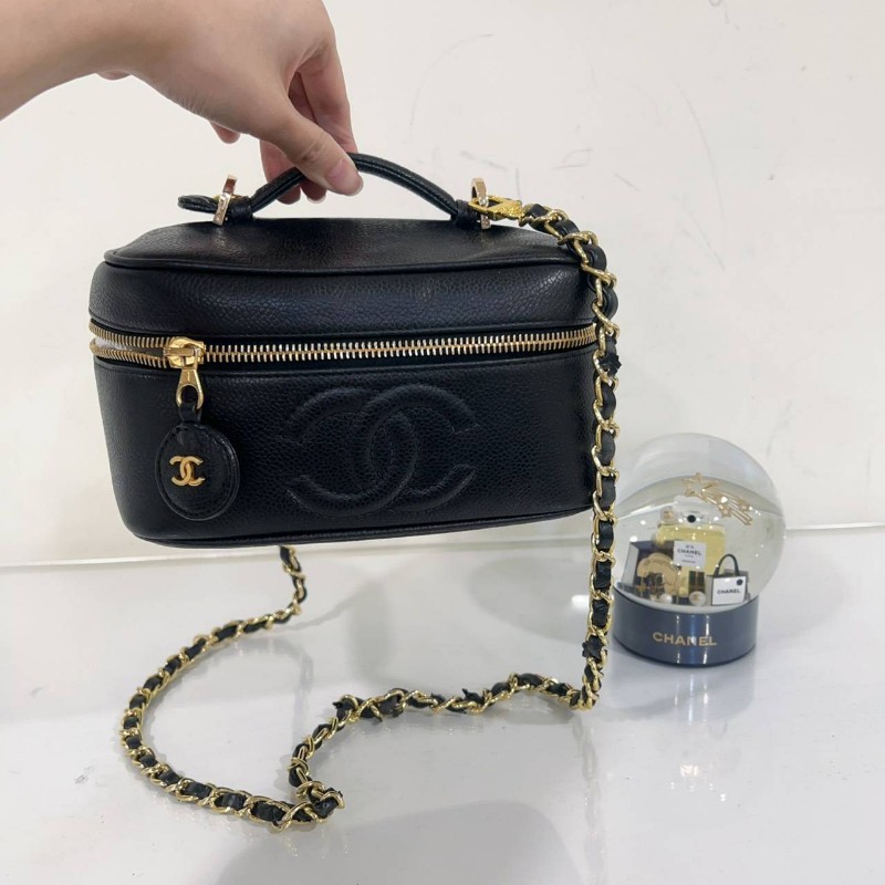 Chanel Vintage 黑色魚子醬橫版化妝包-5