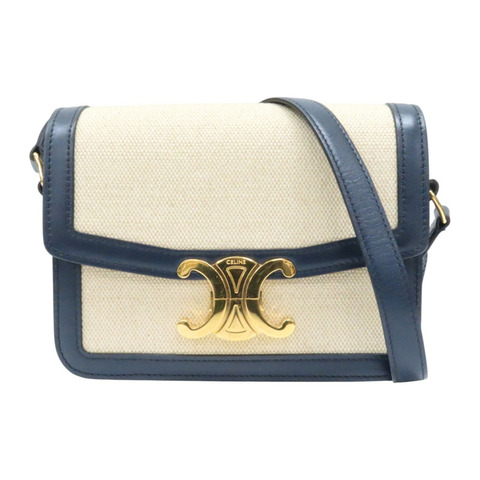 米白帆布 深藍色牛皮 Teen Triomphe 肩背包【CELINE 賽琳】 188882-DAQ-01NA
