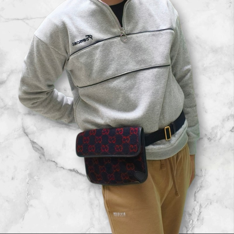 🔥年終狂降🔥【限時降價只到12/31（原15,800）】【8成新】㊣✨GUCCI✨（附防塵袋）古馳 深藍 羊毛 老花 皮革 腰包 胸包 手拿包/雙G/二手包/保證正品🌳二手樹屋🌳-35