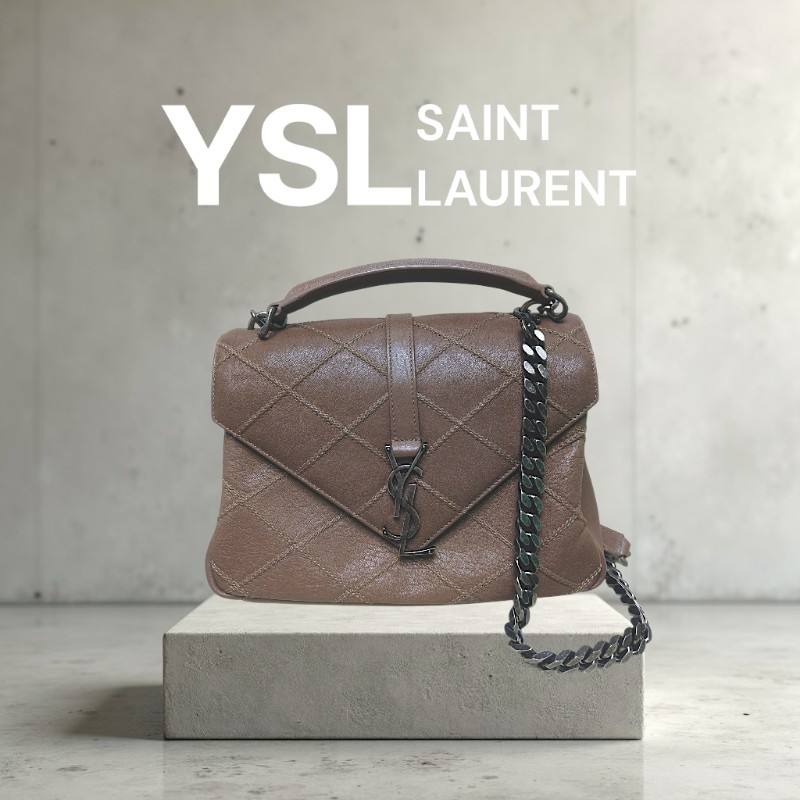 🔥年終狂降🔥【限時降價只到12/31（原48,800）】【8成新】㊣✨YSL✨SAINT LAURENT 聖羅蘭  奶茶色  菱格紋 牛皮 掀蓋 仿舊銀 學院包 鏈條包 信封包 肩背包 斜背包 手提包/二手包/保證正品🌳二手樹屋🌳-0