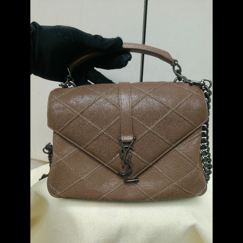 🔥年終狂降🔥【限時降價只到12/31（原48,800）】【8成新】㊣✨YSL✨SAINT LAURENT 聖羅蘭  奶茶色  菱格紋 牛皮 掀蓋 仿舊銀 學院包 鏈條包 信封包 肩背包 斜背包 手提包/二手包/保證正品🌳二手樹屋🌳-1