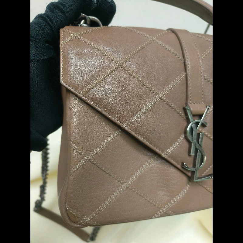 🔥年終狂降🔥【限時降價只到12/31（原48,800）】【8成新】㊣✨YSL✨SAINT LAURENT 聖羅蘭  奶茶色  菱格紋 牛皮 掀蓋 仿舊銀 學院包 鏈條包 信封包 肩背包 斜背包 手提包/二手包/保證正品🌳二手樹屋🌳-13