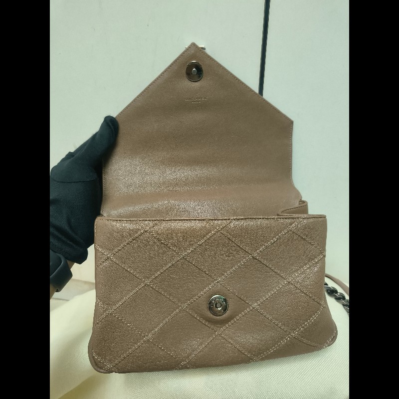 🔥年終狂降🔥【限時降價只到12/31（原48,800）】【8成新】㊣✨YSL✨SAINT LAURENT 聖羅蘭  奶茶色  菱格紋 牛皮 掀蓋 仿舊銀 學院包 鏈條包 信封包 肩背包 斜背包 手提包/二手包/保證正品🌳二手樹屋🌳-31