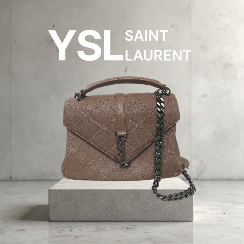 【8成新】㊣✨YSL✨SAINT LAURENT 聖羅蘭  奶茶色  菱格紋 牛皮 掀蓋 仿舊銀 學院包 鏈條包 信封包 肩背包 斜背包 手提包/二手包/保證正品🌳二手樹屋🌳-0
