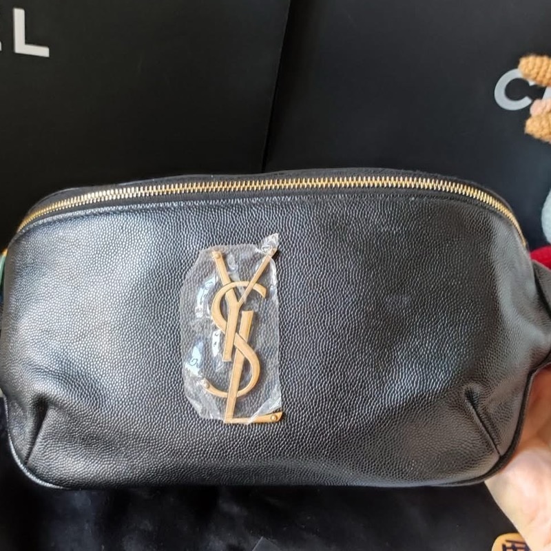 YSl 黑金 荔枝牛皮 胸口 腰包-5