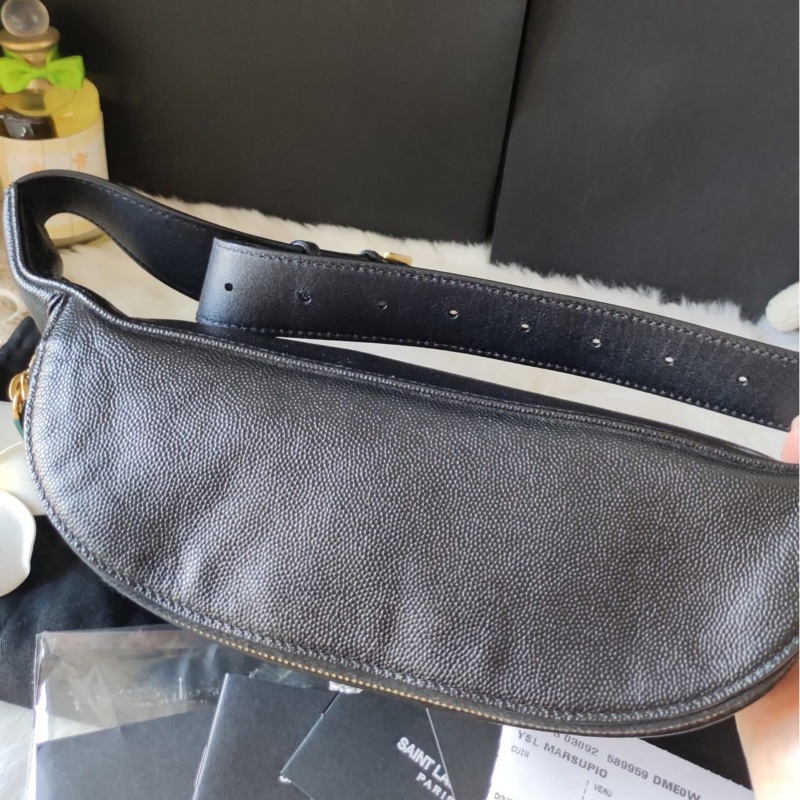 YSl 黑金 荔枝牛皮 胸口 腰包-6