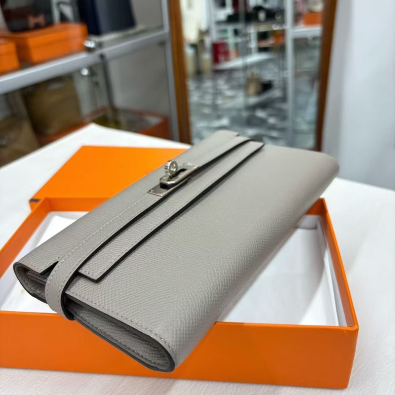 Hermes M8銀河灰Kelly長錢包，C刻，epsom，五金部份膜在，無磨損，附件原盒-6