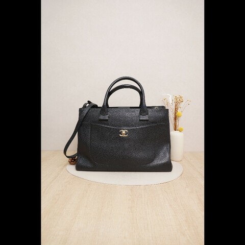 CHANEL Cerf 手提公文包黑金荔枝紋牛皮