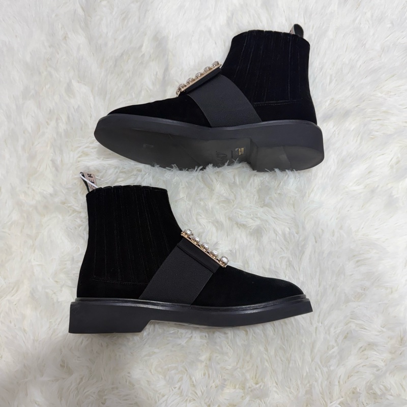 99新roger vivie黑絲絨方扣短靴37碼-1