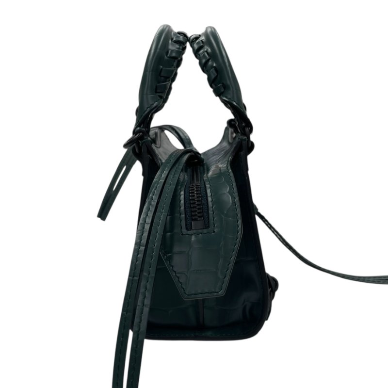BALENCIAGA NEO CITY 迷你機車包 壓紋牛皮 墨綠色 槍色釦-3