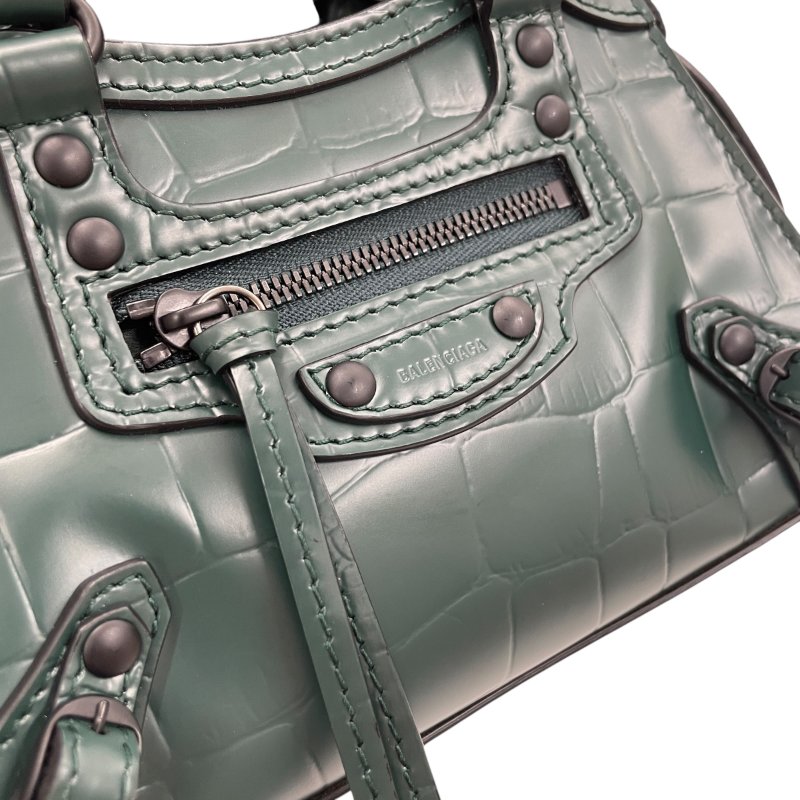 BALENCIAGA NEO CITY 迷你機車包 壓紋牛皮 墨綠色 槍色釦-10