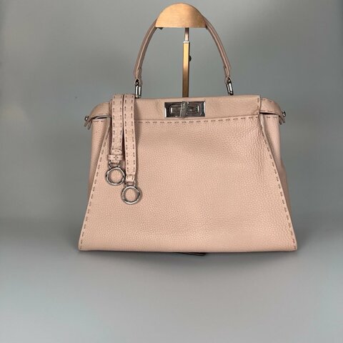 FENDI 粉紅銀扣peekaboo手提斜背包