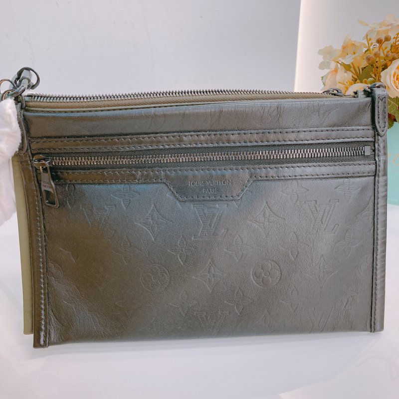 MS0429	Louis Vuitton 路易威登 影子包 二合一 信封包 牛皮 壓紋 黑色 綠色 斜背 Shadow Double Flat Messenger Calfskin Black and Green x PHW-11