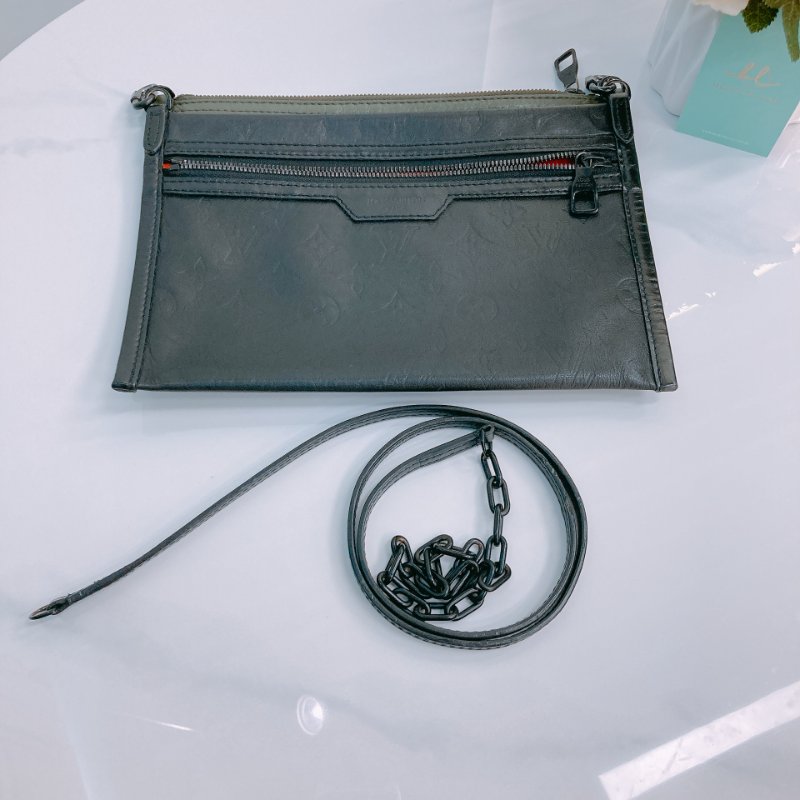 MS0429	Louis Vuitton 路易威登 影子包 二合一 信封包 牛皮 壓紋 黑色 綠色 斜背 Shadow Double Flat Messenger Calfskin Black and Green x PHW-21