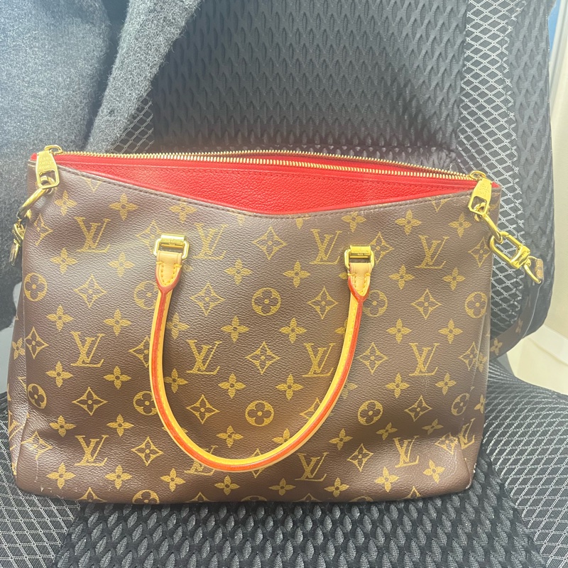 LOUIS VUITTON LV 路易威登 棕色 紅色 原花 帆布 PALLAS 兩用包 M41175-1
