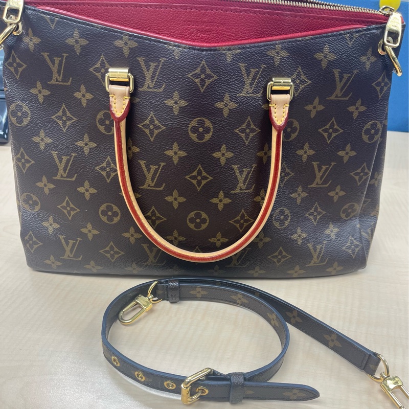 LOUIS VUITTON LV 路易威登 棕色 紅色 原花 帆布 PALLAS 兩用包 M41175-1