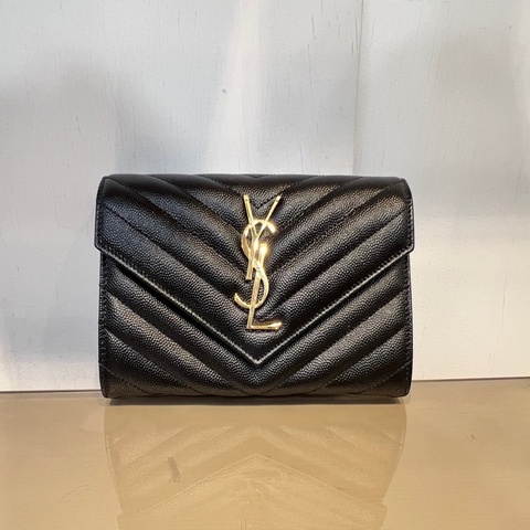 YSL 黑荔枝牛皮山型紋金釦信封下蓋12卡長夾