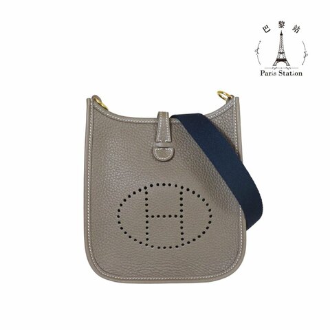 【巴黎站二手名牌專賣店】＊現貨＊HERMES 愛馬仕 真品＊Y刻Mini Evelyne大象灰小牛皮金釦鏤空洞H LOGO肩背斜背包