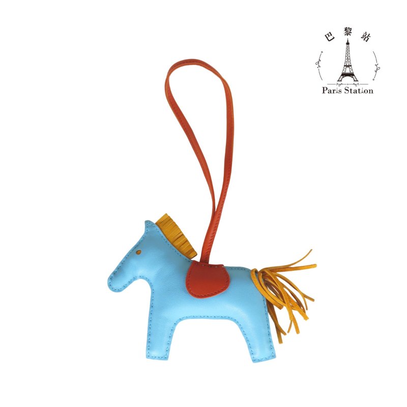 【巴黎站二手名牌專賣店】＊現貨＊HERMES 愛馬仕 真品＊C刻 Rodeo MM charm 水藍色拼橘色皮革中馬吊飾-0