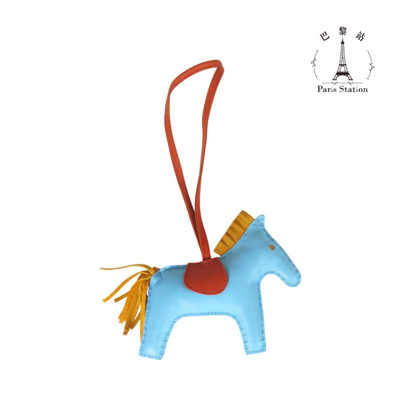 【巴黎站二手名牌專賣店】＊現貨＊HERMES 愛馬仕 真品＊C刻 Rodeo MM charm 水藍色拼橘色皮革中馬吊飾-1