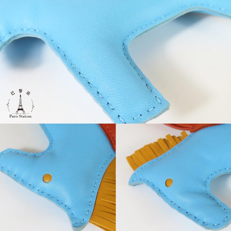 【巴黎站二手名牌專賣店】＊現貨＊HERMES 愛馬仕 真品＊C刻 Rodeo MM charm 水藍色拼橘色皮革中馬吊飾-4