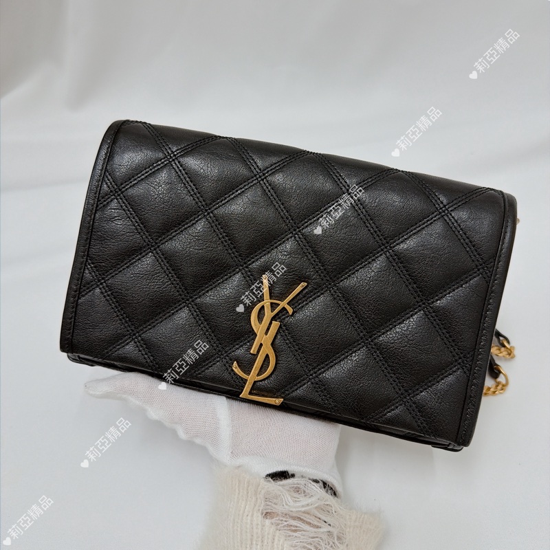 莉亞精品♡ Ysl 黑金菱格紋鏈條woc 二手美包-2