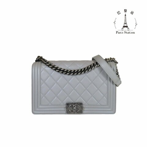 【巴黎站二手名牌專賣店】＊現貨＊CHANEL 香奈兒 真品＊灰色菱格羊皮金釦BOY 28 金鍊肩背斜背包