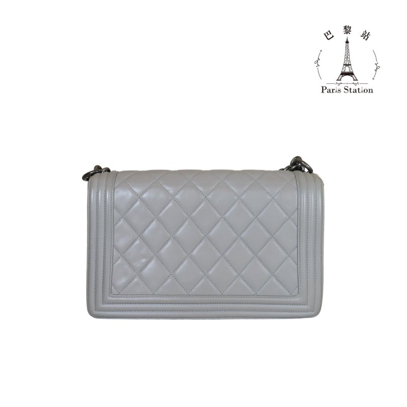 【巴黎站二手名牌專賣店】＊現貨＊CHANEL 香奈兒 真品＊灰色菱格羊皮金釦BOY 28 金鍊肩背斜背包-1