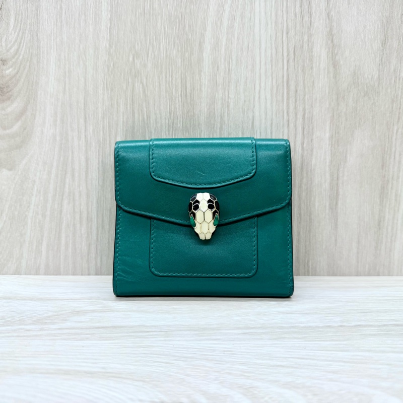 BVLGARI綠牛皮蛇頭雙面三折短夾281382-0