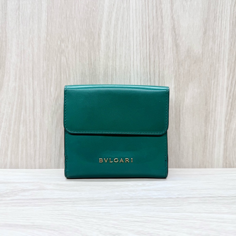 BVLGARI綠牛皮蛇頭雙面三折短夾281382-1