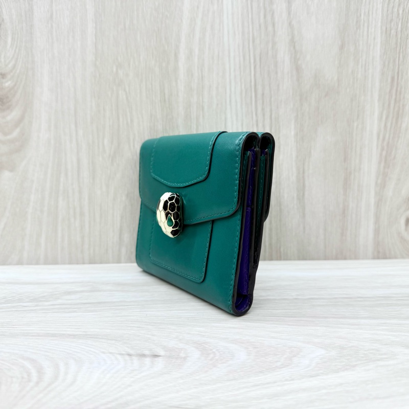 BVLGARI綠牛皮蛇頭雙面三折短夾281382-2