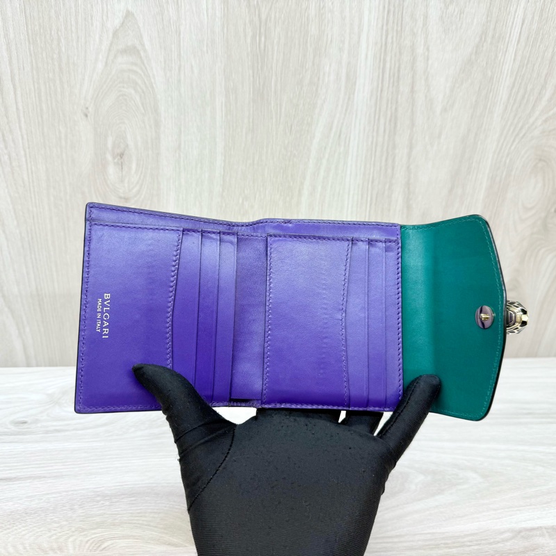 BVLGARI綠牛皮蛇頭雙面三折短夾281382-5