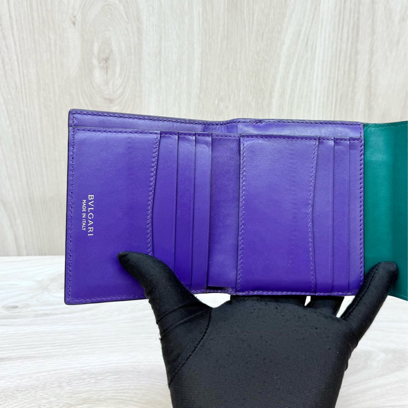 BVLGARI綠牛皮蛇頭雙面三折短夾281382-13